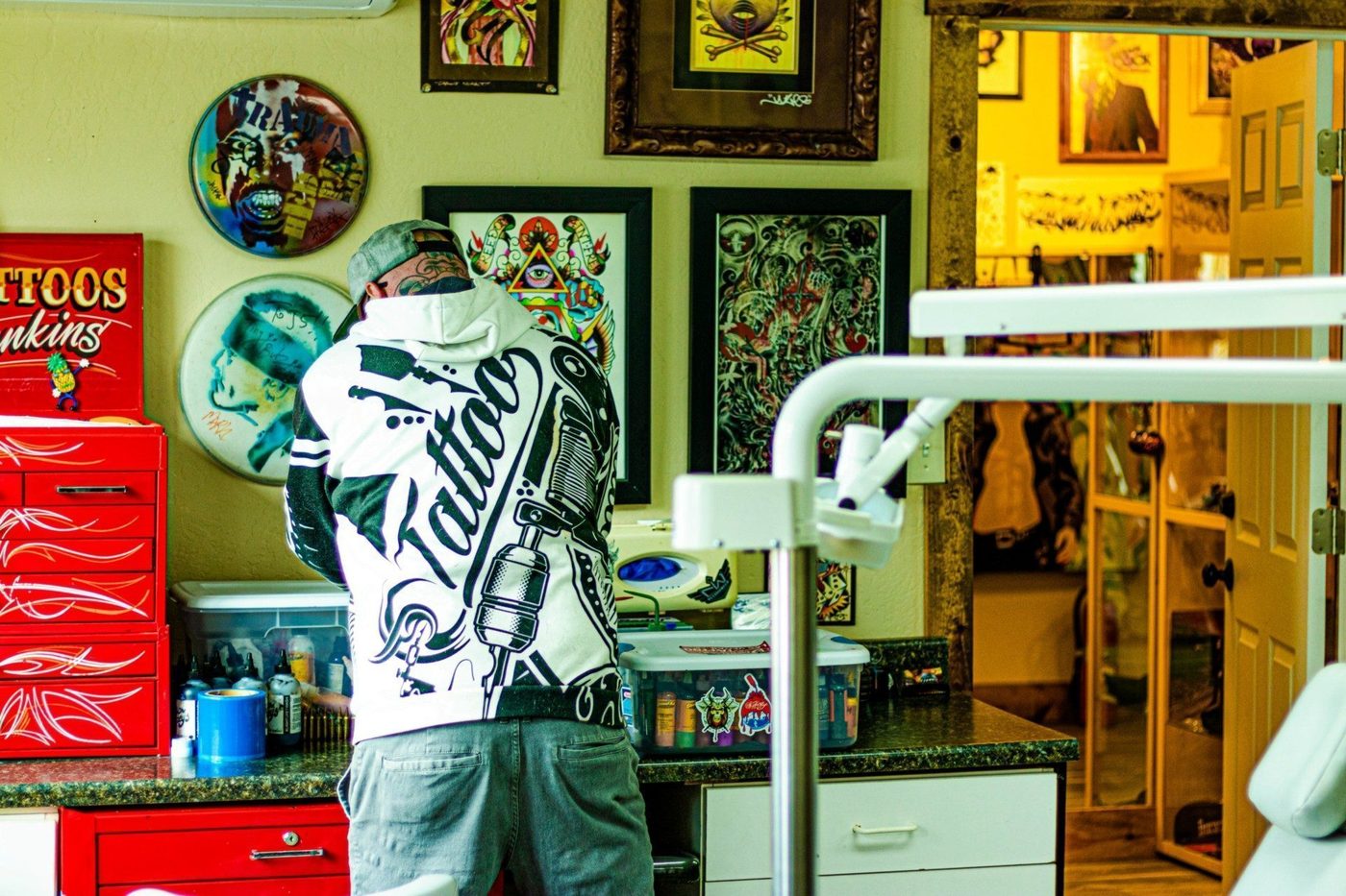 A clean, sterilized custom tattoo workspace setup